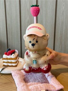 Starbucks Pink & Cream Strawberry Bear Figure with Red Base